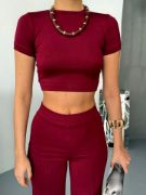 Osy Modal Yumuşak Dokulu Kumaş Kısa Kollu Crop Alt Ispanyol Paça Pantalon Ikili Takım - Bordo resmi